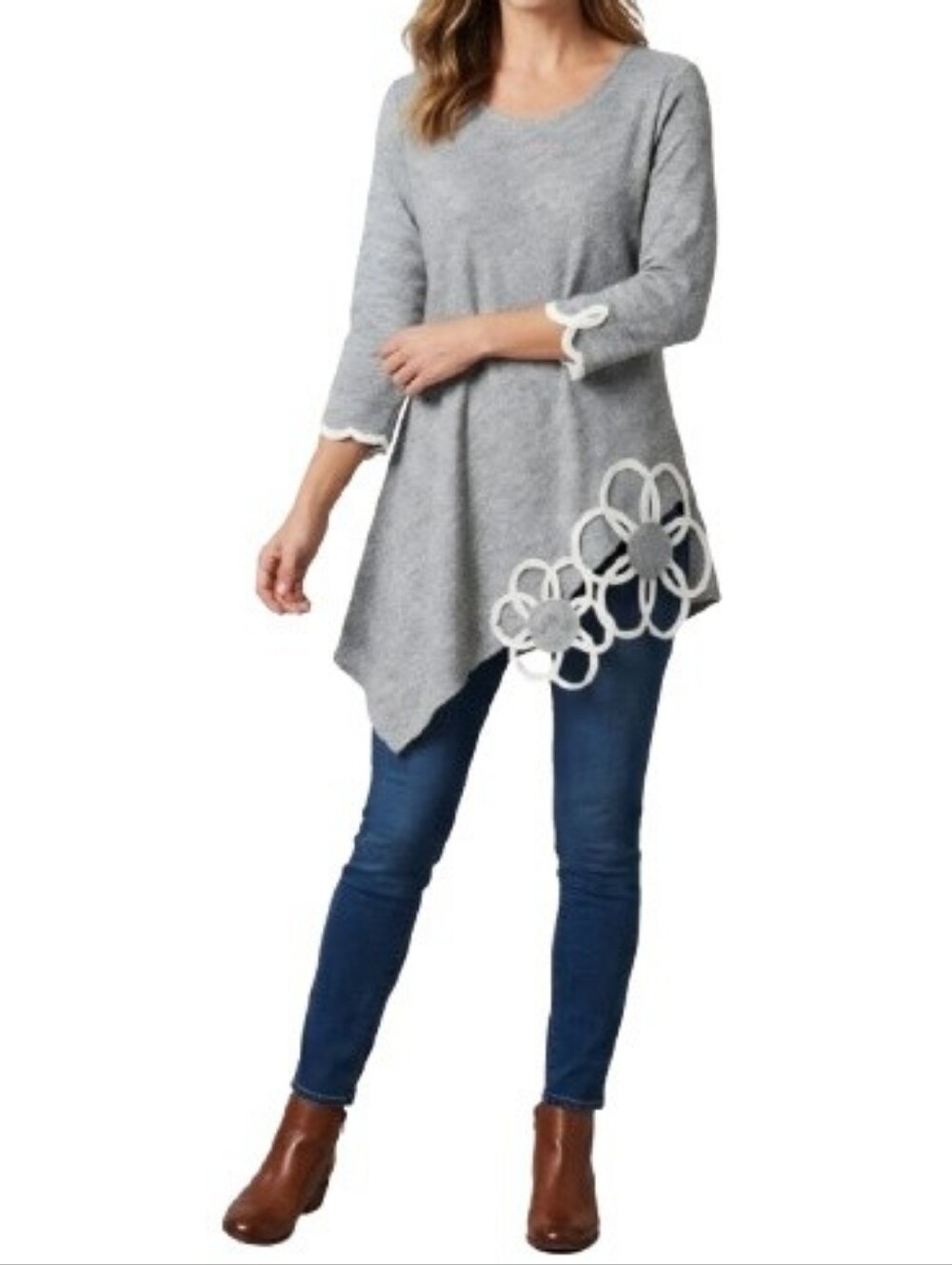 Moraitis Gray Knit Boho Chic Blouse Asymmetric Cut-Out Floral Greece Unique